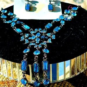 Beautiful Blue 2 PC  Chandelier Necklace and  Earring New Loaded Glitz -SALE